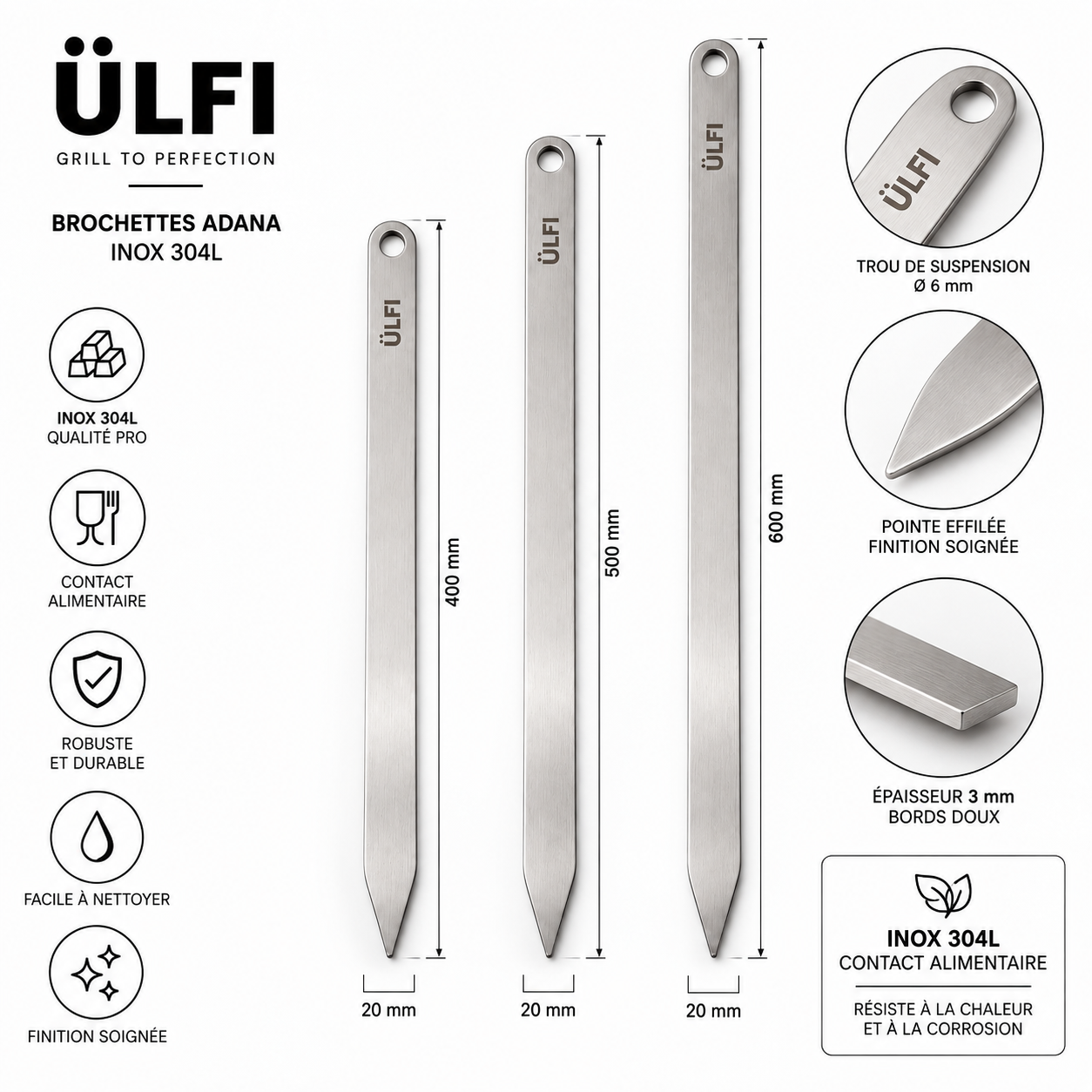 6 Brochettes Adana Large Inox 304L — 20 mm