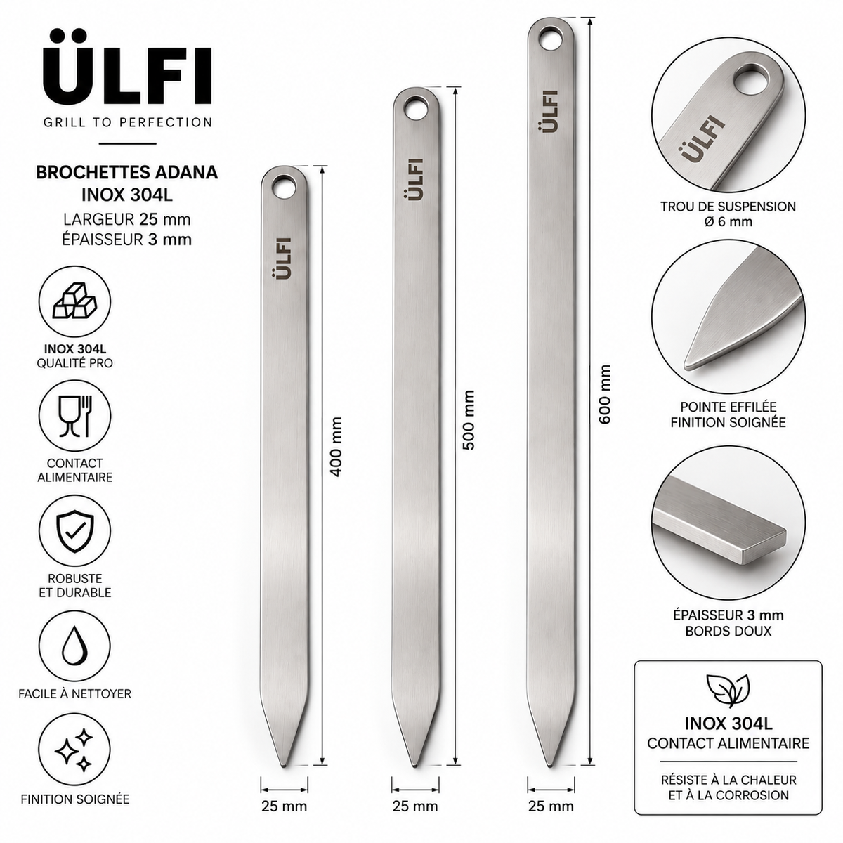 6 Brochettes Adana Large Inox 304L — 25 mm